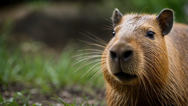 Cute curious capybara close up portrait looking directly at camera in nature