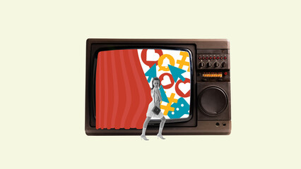 Collage-style woman emerging from TV with icons of love, hashtags, and alerts. Concept of digital...
