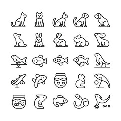 Collection of Thirty Black and White Linear Pet Icons Including Cats Dogs Rabbits Birds Fish and Lizards Depicted in Simple Line Art Style Suitable for Pet Shops Veterinary