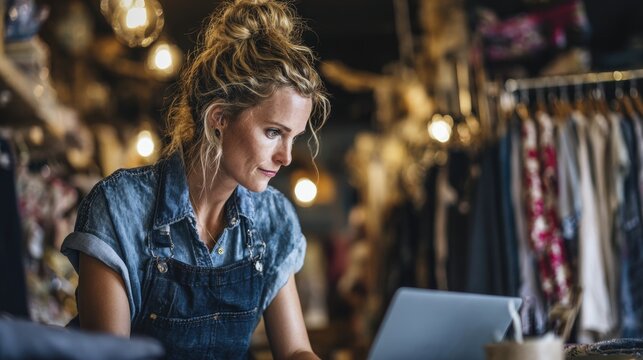 A focused woman in a denim apron works on a laptop in a warm, softly lit boutique filled with hanging clothes and cozy decor.