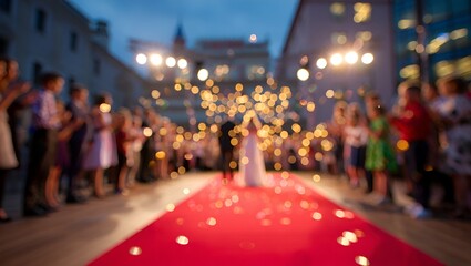 Blurred image showing a wedding couple, red carpet, and celebrating crowd at night with bokeh