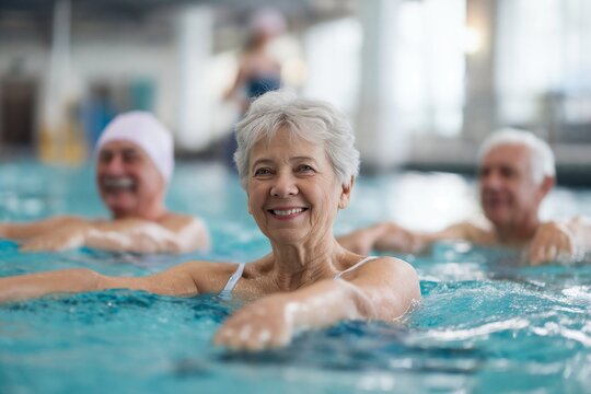 Group of elderly men and woman exercising in indoor swimming pool during water aerobics class