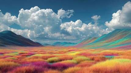 Vibrant, colorful landscape with hills and clouds