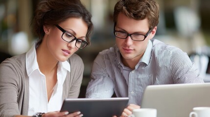 Two young professionals wearing glasses focus on a tablet while collaborating in a modern office setting.
