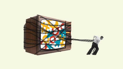 Pop-art collage of man chained to retro TV covered in digital symbols. Concept of media addiction, online captivity, tech dependence, stress, social pressure, digital burden.