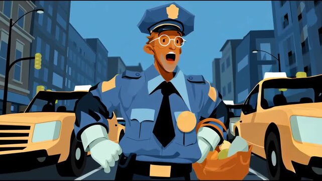 Cartoon vector of a police officer directing traffic with a whistle and gloves