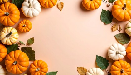Autumnal equinox pumpkin patch flat lay with text space background