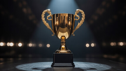 A dramatic photograph of a golden trophy cup illuminated by a single bright spotlight beam against a dark background .
