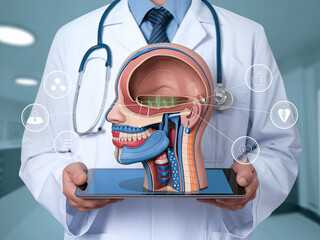 Doctor displays anatomical head model with medical icons anatomy