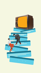 Retro collage of man helping woman climb toward blank television on abstract digital steps. Concept...