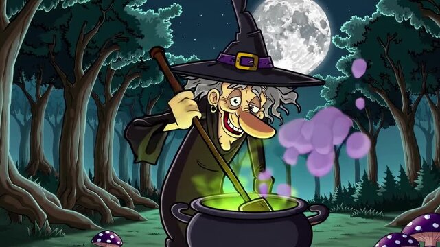Cartoon-style Halloween video featuring a mysterious witch brewing a glowing magical potion in a bubbling cauldron deep in a dark enchanted forest.