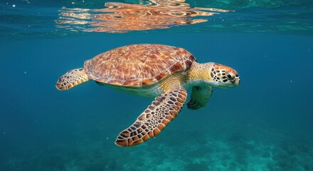 Fototapeta premium Close-Up Photo of Sea Turtle Swimming in Crystal Clear Turquoise Wate