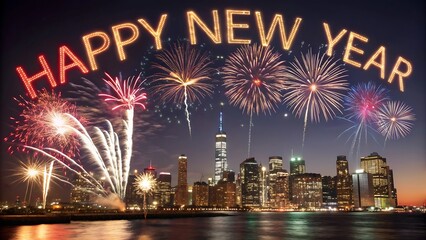 Dazzling fireworks illuminate the night sky above a cityscape, spelling out Happy New Year, perfect for holiday celebrations and festive events with a vibrant urban backdrop.
