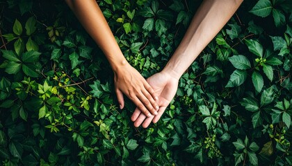 Fototapeta premium Interracial couple holding hands in a lush green garden embodying love and connection in nature