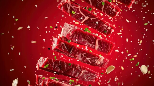 Sliced raw beef meat floating in air with seasoning and herb creating vibrant fresh culinary scene full of garlic cloves and spices