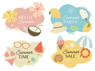 Cheerful summer-themed illustrations in a colorful four-panel collection with playful seasonal icons.