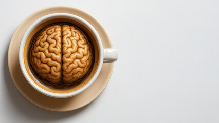 Creative concept of a coffee cup with brain-shaped foam symbolizing mental boost and focus