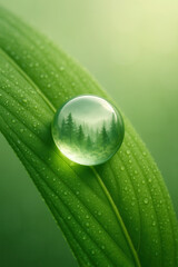 Forest landscape reflected in dewdrop resting on green leaf, symbolizing nature, purity and environmental care