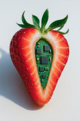 Strawberry with green circuit board inside symbolizing biotech, innovation, and futuristic food technology