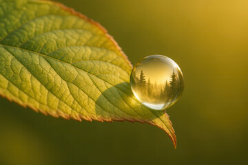 Transparent dewdrop on a green leaf reflecting a sunlit forest landscape at golden hour