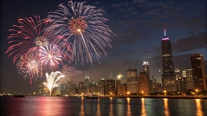 Brilliant fireworks explode over the Chicago skyline, lighting up the night sky and reflecting in the calm water, celebrating a special event with vibrant colors and a festive atmosphere.
