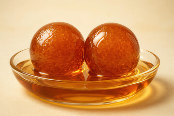 Two round gulab jamuns soaked in golden syrup, served on a transparent glass dish, close-up view