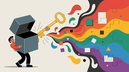 designer unlocking a box with a key, releasing a colorful flow of ideas, vector illustration for innovation and creativity, unlocking potential and thinking outside the box