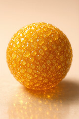 Golden boondi laddu covered in sugar crystals, detailed macro close-up on warm beige surface