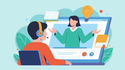 student watching teacher on laptop screen during video call vector illustration, online learning, education webinar and virtual classroom tutoring