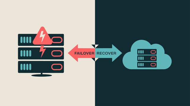 server rack failover to a cloud backup, vector illustration for disaster recovery, business continuity and hybrid cloud data protection - Powered by Adobe