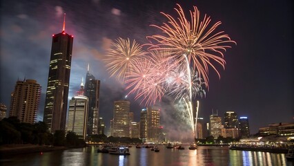 Nighttime skyline of a modern city shines brightly during a vibrant fireworks display over the water, illuminating buildings and boats in this beautiful urban spectacle.