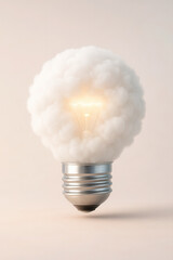 Surreal glowing lightbulb made from soft cloud, symbolizing creativity, innovation, and bright ideas