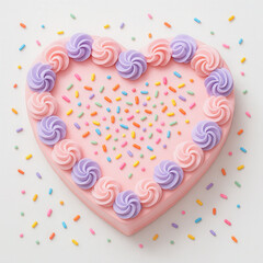 Heart-shaped pastel cake decorated with pink and purple swirls and colorful sprinkles on white surface