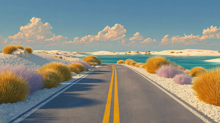 Road leading to the ocean with sand dunes and fluffy bushes under a cloudy blue sky on a sunny day