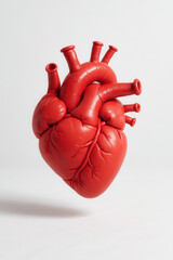 Anatomically shaped red heart resembling inflated rubber, floating against a light neutral background