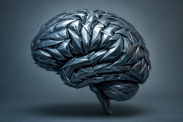 Conceptual metallic brain sculpture with angular folds and futuristic geometry on dark gradient surface