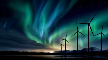 Wind turbines in motion with blurred sky stripes, long exposure effect against the backdrop of the northern lights. The concept of an alternative energy 