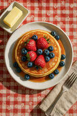 Stack of pancakes topped with strawberries, blueberries, and maple syrup on a checkered tablecloth
