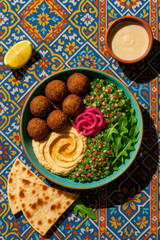 Colorful falafel bowl with hummus, tabbouleh, pickled onions, greens and pita on patterned tablecloth