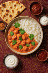 Bowl of butter chicken curry with white rice, naan bread and sauces on traditional Indian fabric