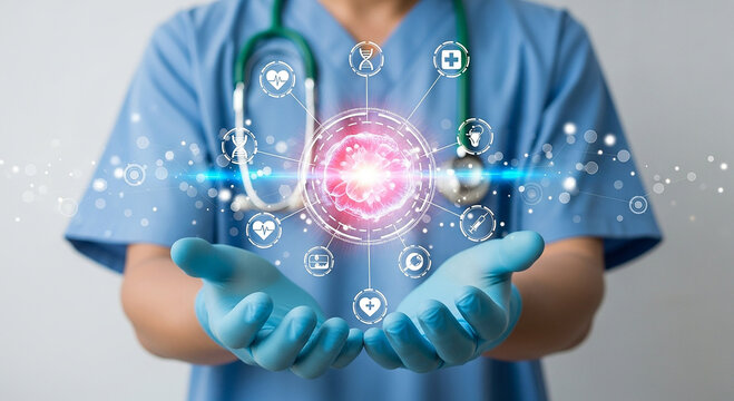 Doctor with medical technology and digital healthcare icons.