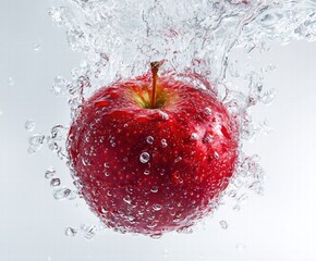 Apple Water Impact Moment: Cavitation Bubbles and Splash Corona Around Fresh Fruit, Fluid Dynamics on White Background, 8K Detail
