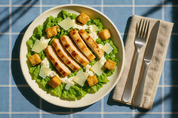 Healthy Caesar salad with grilled chicken breast, lettuce, croutons, shaved parmesan and dressing