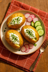 Three baked potatoes with sour cream and chives served with sliced cucumbers and radishes on a plate