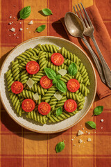Spiral pasta with green pesto sauce, cherry tomatoes, parmesan cheese and fresh basil leaves