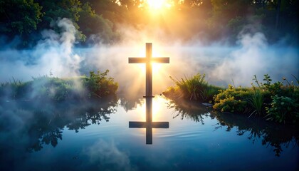 Fototapeta premium Serene cross reflection over water with ethereal mist and radiant light