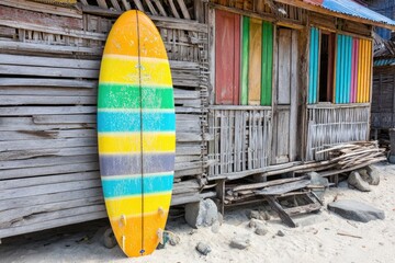 Colorful surfboard leans against weathered wooden beach huts