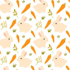 Seamless pattern with rabbits, carrots and flowers. Bunny pattern in beige color. Vector pattern in flat style. Kids background.