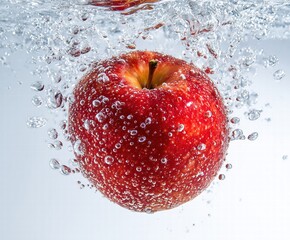 Apple Water Impact Moment: Cavitation Bubbles and Splash Corona Around Fresh Fruit, Fluid Dynamics on White Background, 8K Detail