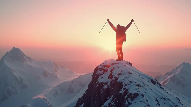 Silhouette of a Successful Climber Raising Arms in Triumph on a Snowy Mountain Summit at Sunset - Powered by Adobe
